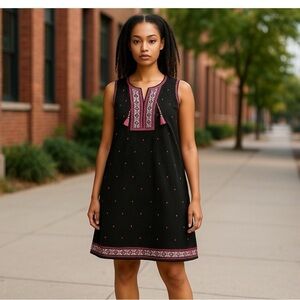J. Jill Sleeveless Dress  Embroidered Knit Size 4x Midi Black Bohemian
